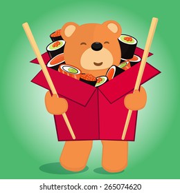 Sushi delivery concept card with running teddy bear with chopsticks in his hands