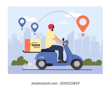 Sushi delivery concept. Man rides scooter with box of food. Online shopping and home delivery. Fast food and takeaway eating. Flat vector illustration isolated on white background