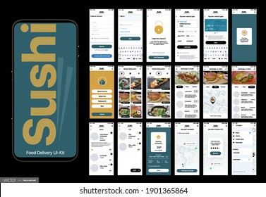 Sushi-Lieferung. Design der mobilen Anwendung, Benutzeroberfläche, UX. Set von GUI-Bildschirmen mit Login- und Passworteingabe und Bildschirmen mit Menu, Add to Cart, Payment and Delivery Tracking.	