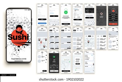Sushi Delivery. Design of the Mobile Application, UI, UX. Set of GUI Screens with Login and Password input, and screens with Menu, Add to Cart, Payment and Delivery Tracking.