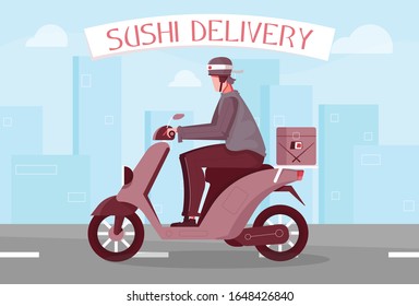 Sushi delivery flat composition with text and view of motorway with delivery boy riding motor bicycle vector illustration