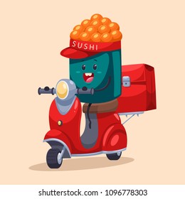 Sushi delivery. Funny food courier character on the scooter with a bag. Vector cartoon illustration isolated on background.