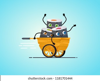 Sushi delivery. Happy smiling cartoon asian food take away concept.  Characters riding in wooden asian rickshaw. Japanese food. Vector cartoon. isolated objects. 