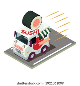 Icono de entrega de sushi. Isometric ilustración del icono del vector de entrega de sushi para la web