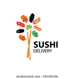 Sushi delivery, icons, logos, and vector illustration on a white background