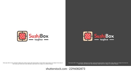 Sushi delivery logo design illustration. Modern creative silhouette of japanese traditional food sushi box in a square lunch box. Fresh japanese fast food sashimi maki udon shrimp restaurant icon.