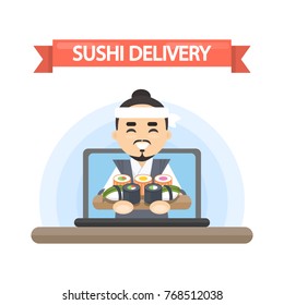 Sushi delivery logo. Smiling asian man with meal on computer screen.