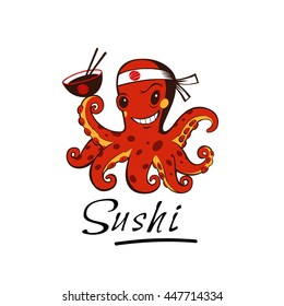 Sushi delivery logo template (concept). Vector illustration. Red cute octopus carries asiatic soup