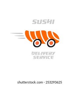 Sushi delivery logo template. Sushi style transportation vehicle from fish fillet body and roll wheels sign.