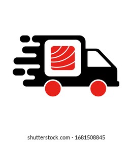 Sushi delivery logo template. Vector illustration Sushi roll sign by car, symbolizes the fast delivery. EPS 10.