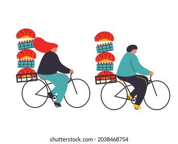 Sushi delivery on a bike vector cartoon illustration. Tiny people hold sushi sets in their hands. For the cover of an advertising package. Japanese food abstract art. Woman and man enjoy sushi