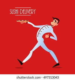 Sushi delivery poster. Sushi menu design. Japanese sushi delivers. Bright cheerful character in a flat style