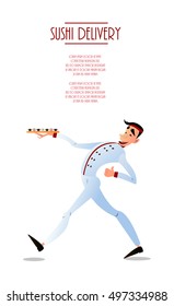 Sushi delivery poster. Sushi menu design. Japanese sushi delivers. Bright cheerful character in a flat style