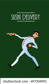 Sushi delivery poster. Sushi menu design. Japanese sushi delivers. Bright cheerful character in a flat style