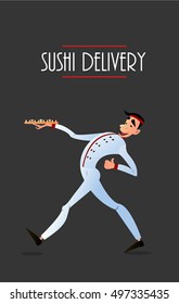 Sushi delivery poster. Sushi menu design. Japanese sushi delivers. Bright cheerful character in a flat style
