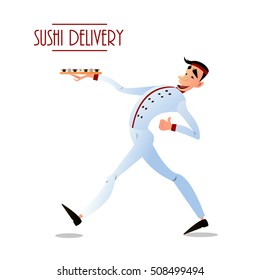 Sushi delivery poster. Sushi menu design. Japanese sushi delivery. Bright cheerful character in a flat style