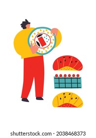 Sushi delivery vector cartoon illustration. Tiny people hold sushi sets in their hands. For the cover of an advertising package. Japanese food abstract art. Man enjoy sushi and rolls