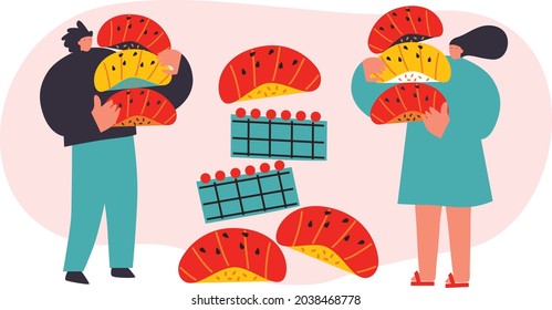 Sushi delivery vector cartoon illustration. Tiny people hold sushi sets in their hands. For the cover of an advertising package. Japanese food abstract art. Man and woman enjoy sushi and rolls
