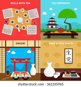 Sushi design concept set with rolls and tea ceremony flat icons isolated vector illustration