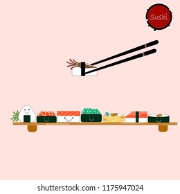 Sushi design with vector sushi character. Chinese word means sushi.White rice, sushi, salmon  and different rolls. 