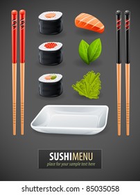 Sushi details of japanese cuisine - ingredients, fish, chopsticks and plate. Vector illustration