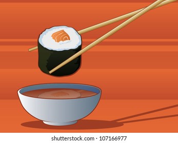 Sushi Dipping in Soy Sauce