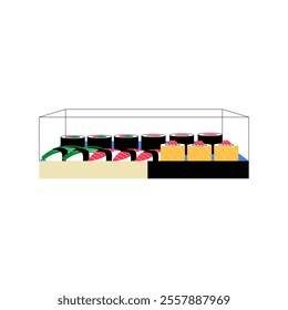 Sushi Display In Glass Case With Assorted Rolls And Nigiri In Flat Vector Illustration Symbolizing Japanese Cuisine, Freshness, And Culinary Art, Isolated On White Background