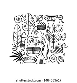 Sushi doodle design. Linear graphic. Scandinavian style. Vector illustration