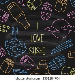 Sushi doodle line vector icons set banner template