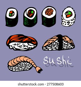 Sushi doodle set. Sushi colorful hand drawn set.