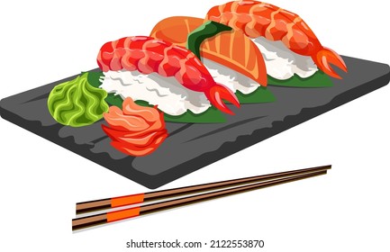 Sushi ebi and red fish sake with rice on a leaf, with wasabi and ginger, on a black stone board with chopsticks, traditional Japanese food, vector image isolated on white background