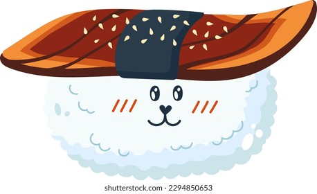 Sushi with eel in Kawaii style. Asian food.