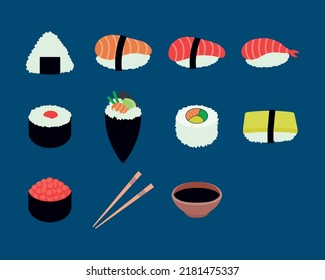 Sushi Elements Set. Japanese traditional food icon. Vector illustration for menu, poster and restaurant.