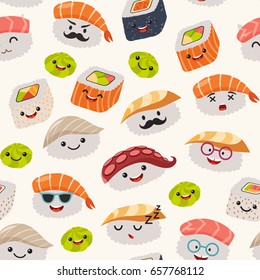 Sushi Emoji Seamless Pattern, Cartoon Style. Emoticon Kawaii Character. Hand Draw Cute Japanese Food Objects. Wallpaper With Facial Food Icon. Colorful Vector Backdrop