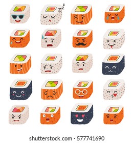 Sushi emoji vector set. Emoji sushi with faces icons. Sushi roll funny stickers. Food, cartoon style. Vector illustration isolated on white background