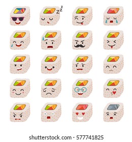 Sushi emoji vector set. Emoji sushi with faces icons. Sushi roll funny stickers. Food, cartoon style. Vector illustration isolated on white background