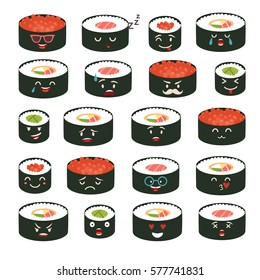 Sushi emoji vector set. Emoji sushi with faces icons. Sushi roll funny stickers. Food, cartoon style. Vector illustration isolated on white background