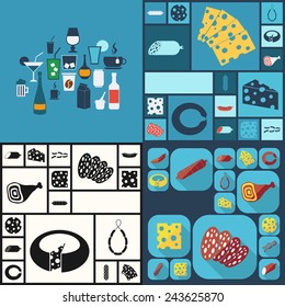 sushi, fast food, cheeses and sausages, liquid container