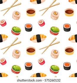 sushi, fish, caviar, shrimp, rolls, soy sauce, wasabi vector pattern