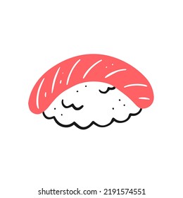 Sushi with fish in doodle style. Vector isolated illustration of Japanese cuisine.