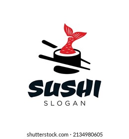 Sushi Fish Logo with chopstick Vector Template Stock Illustration of cuisine. asian food 