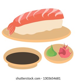 Sushi from fish and rice, Ginger, Wasabi and soy sauce, vector image.