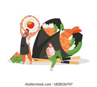 Sushi flat background with two men and japanese food maki and temaki vector illustration