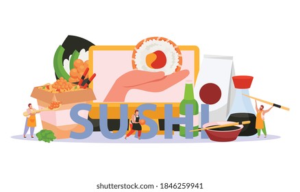 Sushi-einfarbiger Hintergrund mit großer Sushi-Schlagzeile und verschiedenen Mahlzeiten japanischer Küche, Vektorgrafik