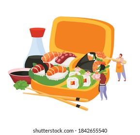 Sushi flat composition with sushi set in box soy sauce and wasabi vector illustration