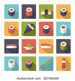 Sushi Flat Design Long Shadow Vector Icons Collection. Set of 16 japanese food symbols in rounded squares