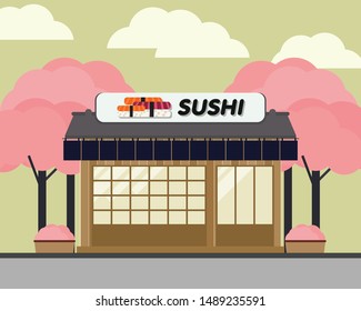 Sushi; flat; design; Vector; illustration; Menu; Vintage; building; sakura; japan; wood
