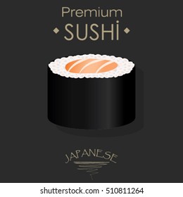 Sushi flat food and japanese seafood. Roll with salmon. Asia restaurant delicious