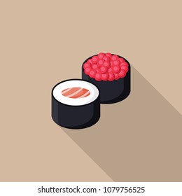 Sushi flat icon with long shadow isolated on beige background. Simple sushi in flat style. Japanese cuisine vector illustration. Asian food with salmon, rice, seaweed.