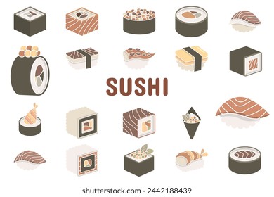 Ilustración de vector plano de sushi Vinilo engomado Conjunto de materiales de diseño